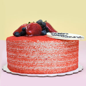 Velvet Red Celebration: Vanilla Frosted Birthday Cake with Blackberry Velvet and Red Berries